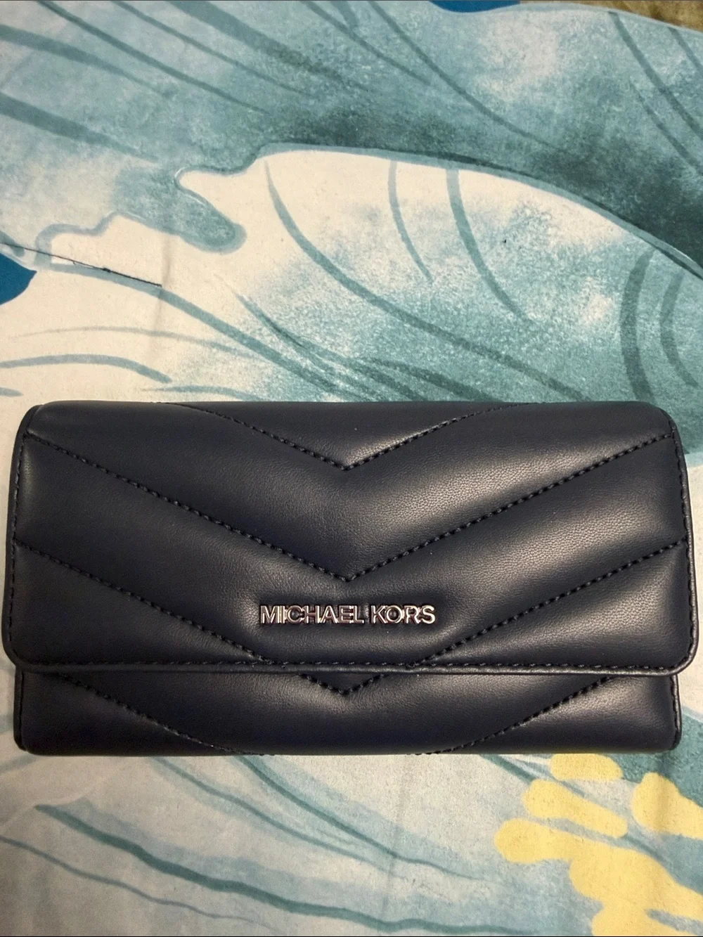 Michael Kors Quilted Navy Chevron Leather Wallet with Logo Hardware